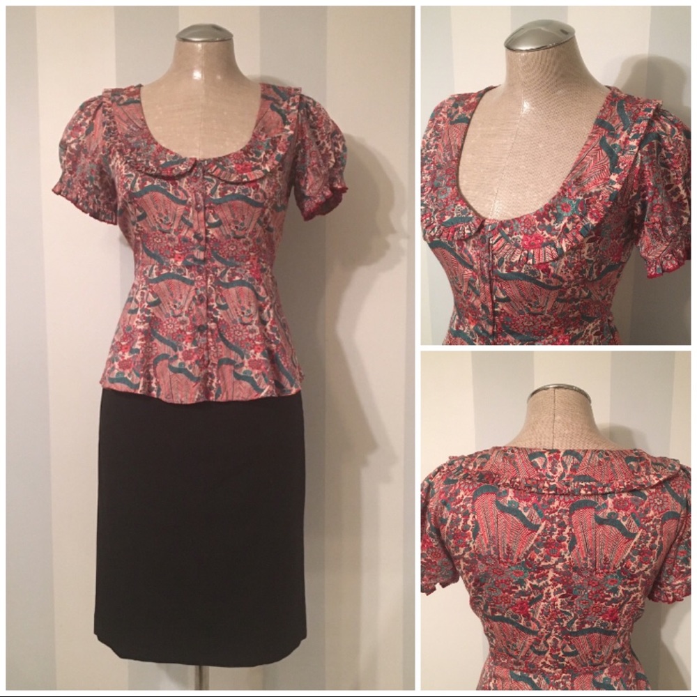 Peplum Top w/ Pleated Collar & Puffy Sleeves